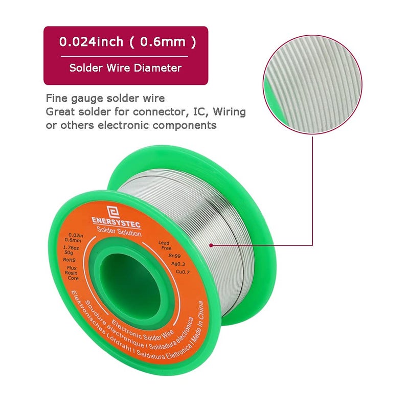 E ENERSYSTEC Solder Wire Rosin Core No Lead Wire Thin 0.6mm 50g Fine Solder with Flux 2.5 PB Free Sn99 Ag0.3 Cu0.7 Flow 0.11lb Electronics Soldering DIY Repair Tiny - Image 2